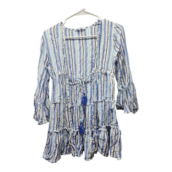 Blue Island Swim Cover Up Womens XS Blue White Gold Stripe Bell Sleeve Pre-Owned - Picture 1 of 14